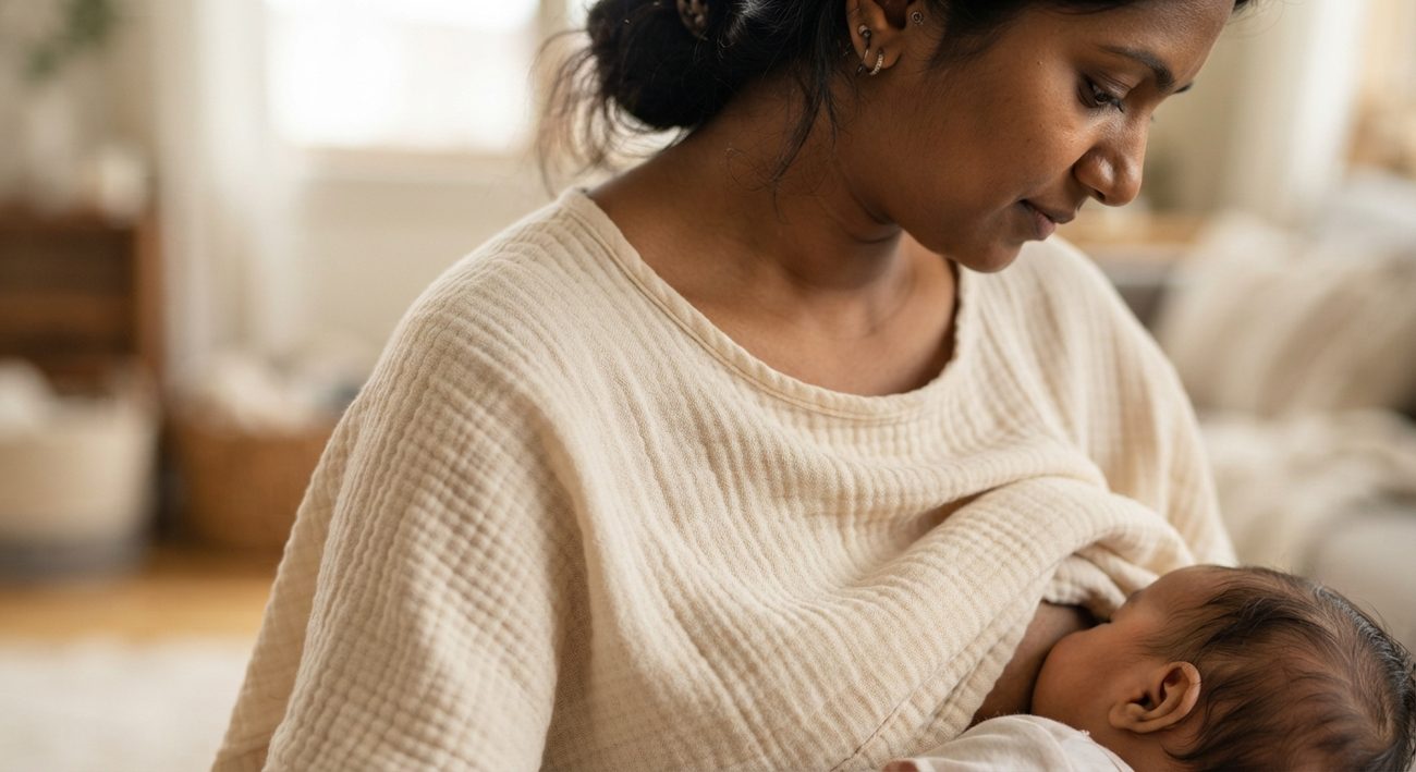 Close-up of the muslin cover draping softly over a mother's shoulder with no strap