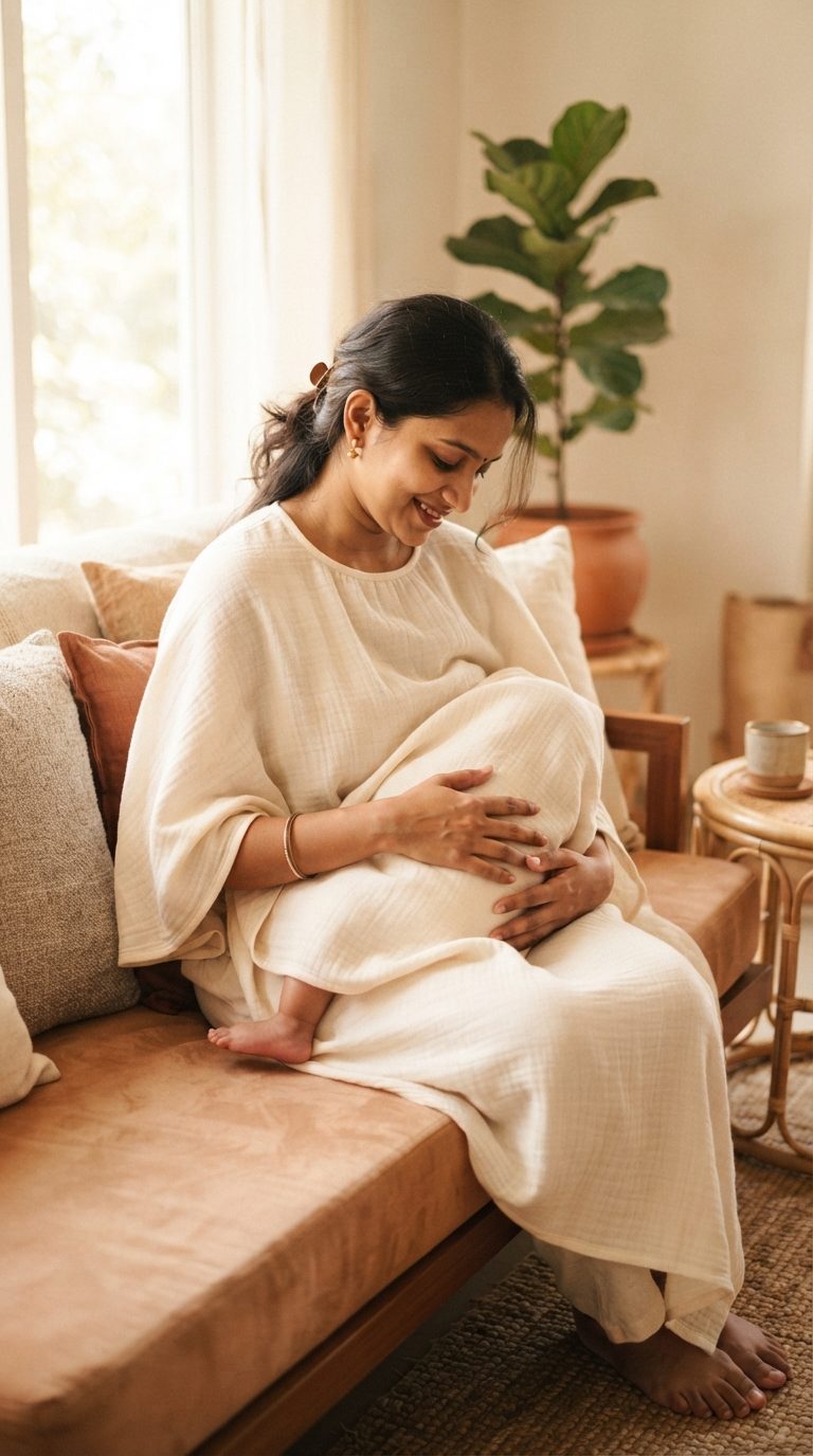 A mother in a warm Indian home nursing her baby beneath a draped cream muslin feeding cover