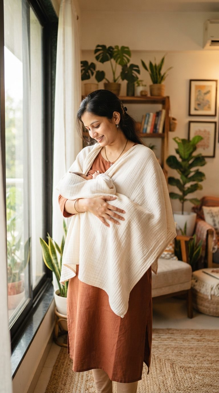 A mother by a bright window using the muslin cover while holding her baby