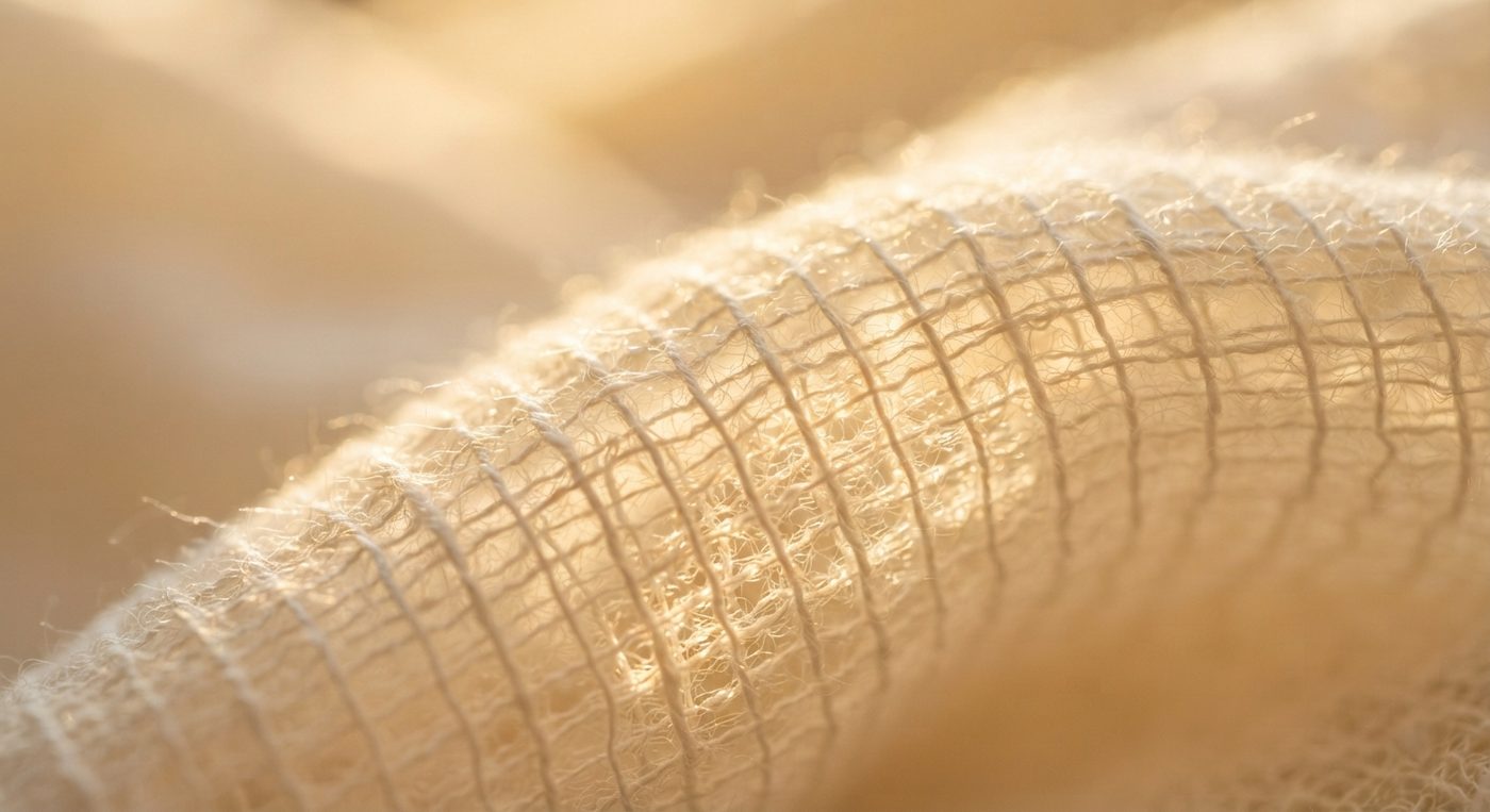 Macro close-up of breathable cotton muslin weave backlit by warm sunlight