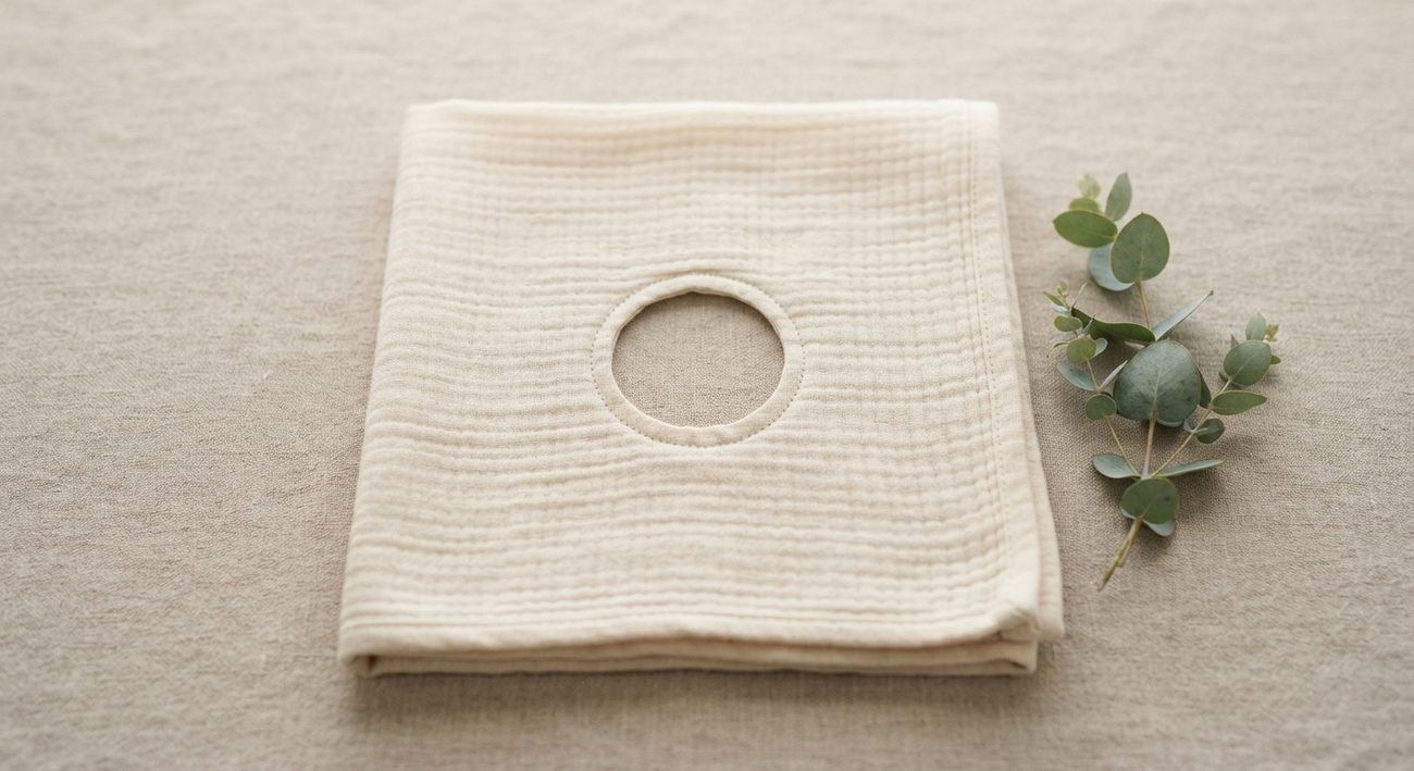 The folded Aria muslin feeding cover showing its centre opening
